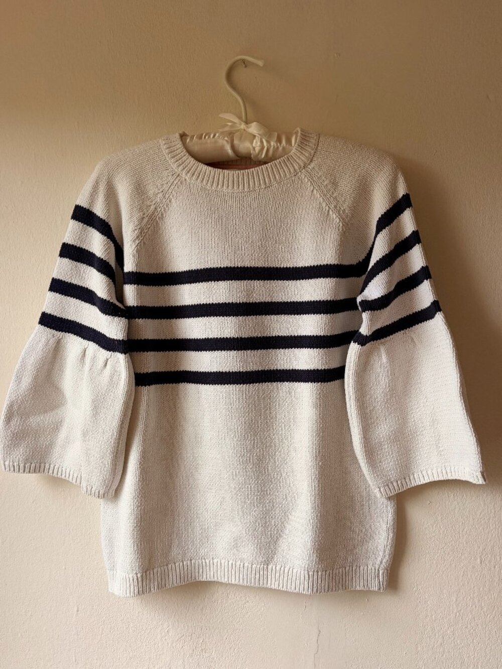 Boden Bell-Sleeve Cotton Sweater, Ivory/Navy Size M